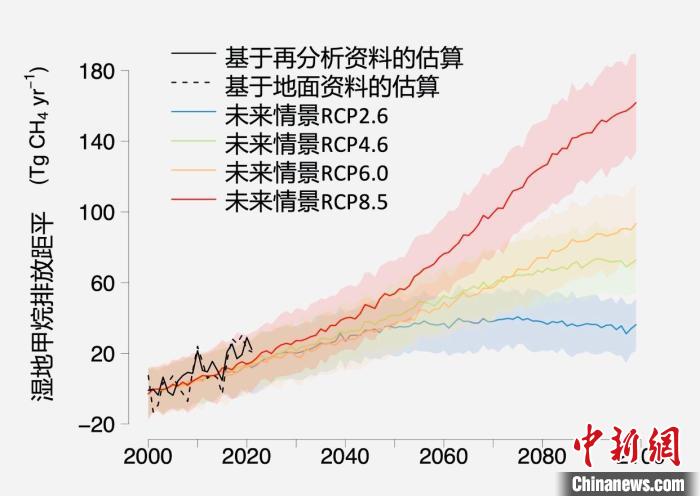 基于觀測的濕地甲烷排放變化與未來氣候變化情景下估算的對比?！≈锌圃呵嗖馗咴?供圖