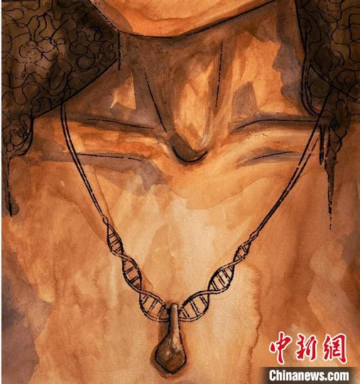 墜飾藝術(shù)再現(xiàn)圖，圖中吊墜繩為DNA螺旋樣式(圖片作者Myrthe Lucas)?！∈┢樟指瘛ぷ匀?供圖