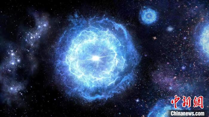 第一代超大質(zhì)量恒星演化成為“對(duì)不穩(wěn)定超新星”的藝術(shù)展示圖?！≈锌圃簢?guó)家天文臺(tái) 供圖