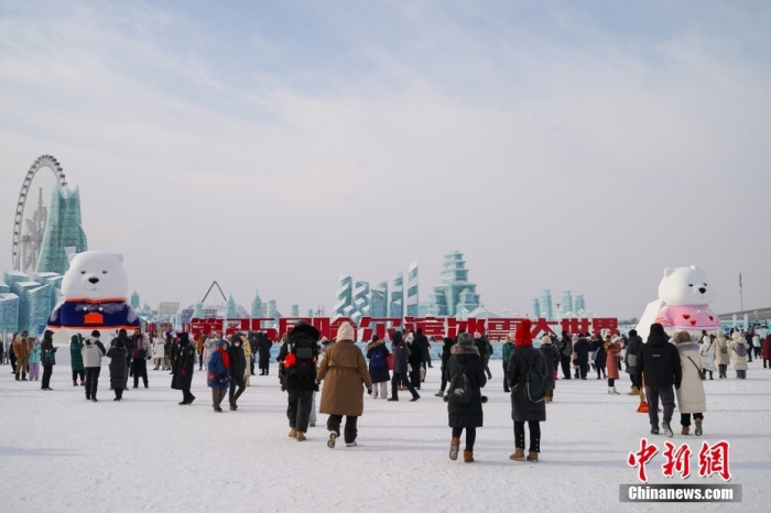 1月4日，第25屆哈爾濱冰雪大世界內(nèi)的冰雕吸引游客觀看。白天的冰雪大世界，游客仿佛置身現(xiàn)實(shí)版“冰雪奇緣”。<a target='_blank' href='/'><p  align=