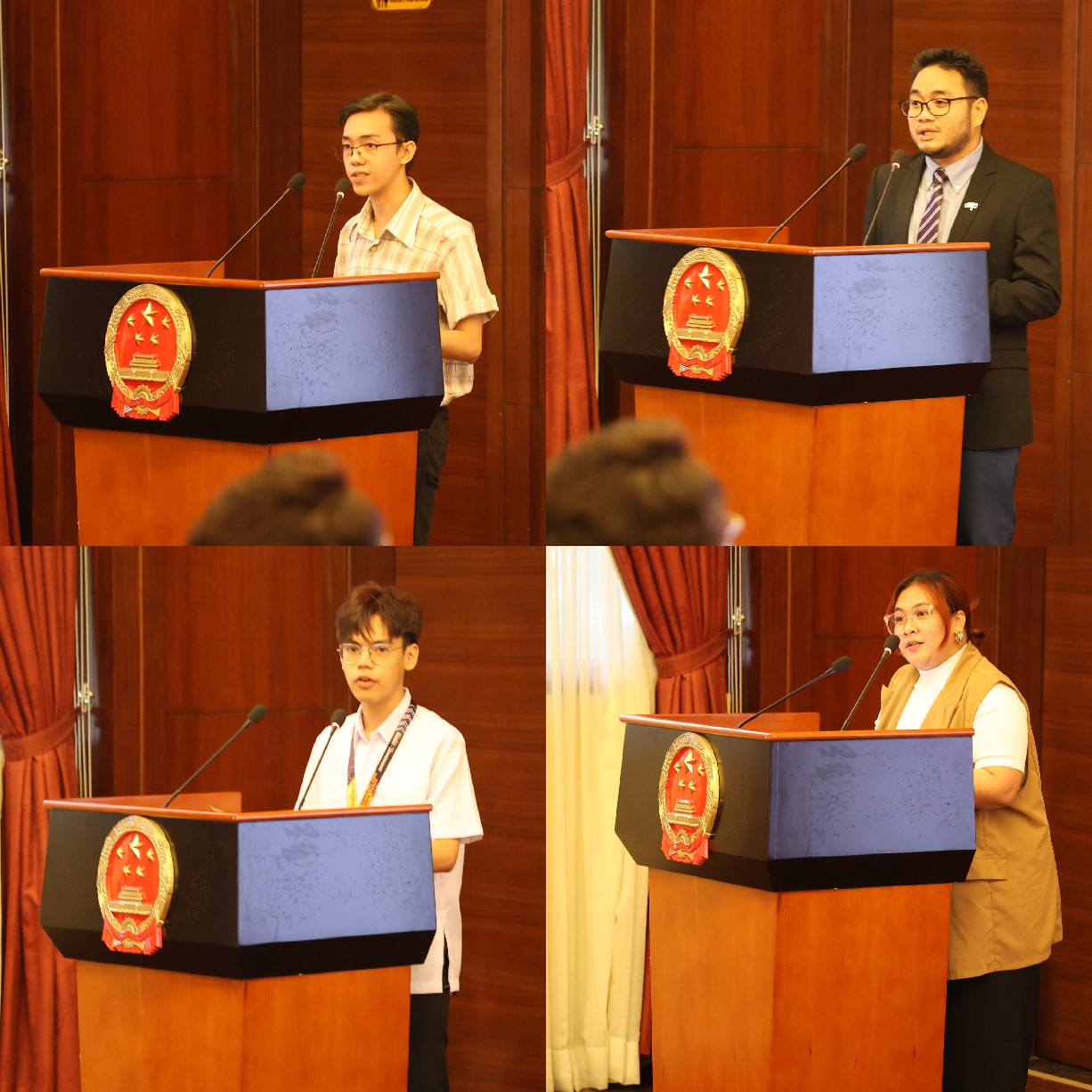菲律賓大學(xué)、菲律賓師范大學(xué)的4位學(xué)生和校友代表現(xiàn)場(chǎng)發(fā)言向中方表示感謝并分享體會(huì)。駐菲律賓使館 供圖