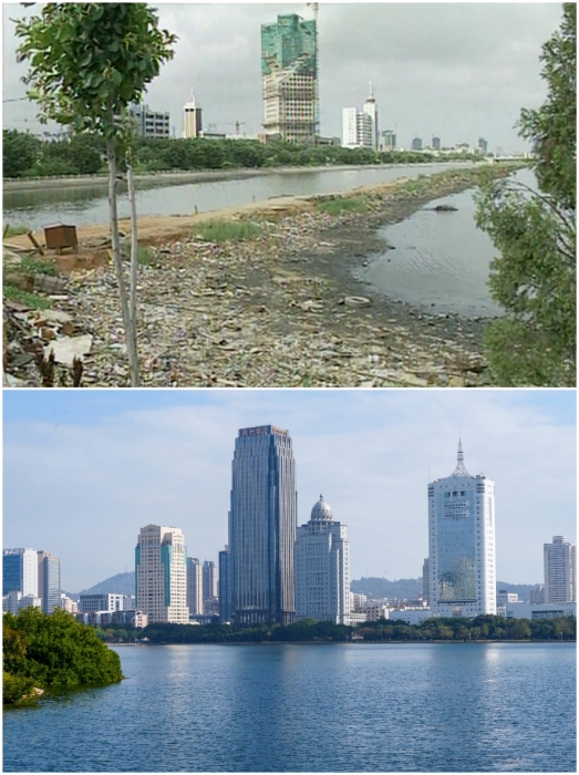上圖：筼筜湖治理前資料圖。下圖：筼筜湖如今的美麗風(fēng)光。人民網(wǎng)記者 吳超嵐攝