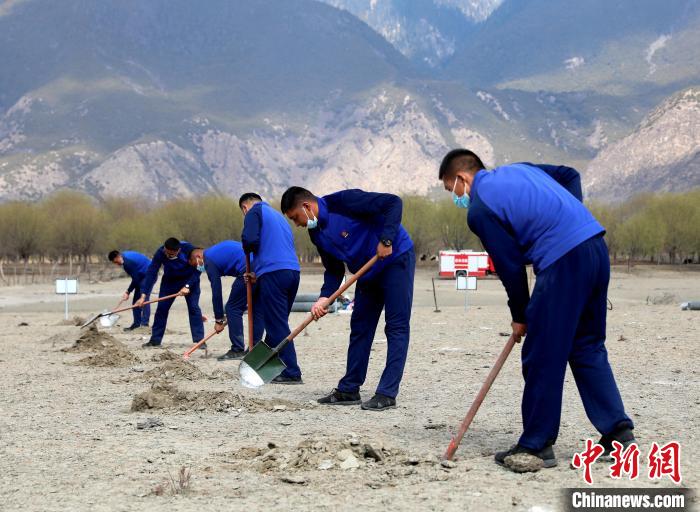 林芝市巴宜區(qū)森林消防中隊志愿服務(wù)隊正在揮鍬鏟土?！∥骼@拉翁 攝