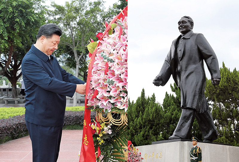 2020年10月14日，習(xí)近平總書(shū)記向深圳蓮花山公園鄧小平同志銅像敬獻(xiàn)花籃。