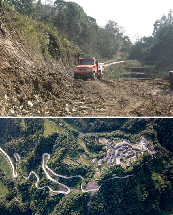 拼版照片：上圖為2011年12月拍攝的湖南省湘西土家族苗族自治州花垣縣十八洞村進村道路；下圖為2019年9月拍攝的十八洞村及進村道路。