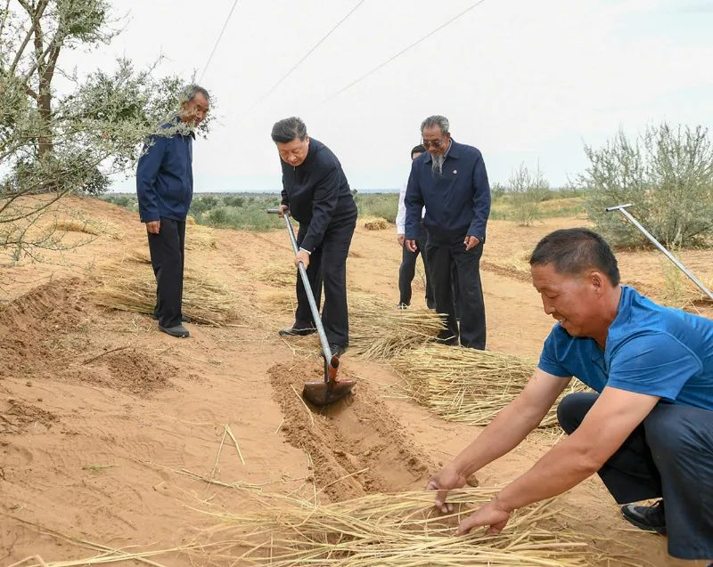 2019年8月21日，習近平來到甘肅省武威市古浪縣八步沙林場，實地察看當?shù)刂紊吃炝?、生態(tài)保護等情況。新華社記者 謝環(huán)馳 攝