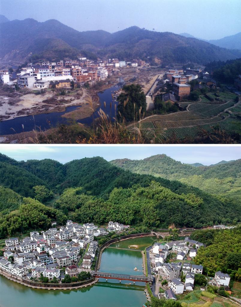 圖為浙江省杭州市淳安縣楓樹嶺鎮(zhèn)下姜村拼版圖，其中上圖為資料照片、下圖由新華社記者張鋮攝。