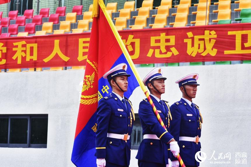 迎國家綜合性消防救援隊(duì)伍隊(duì)旗。人民網(wǎng) 李海霞 攝