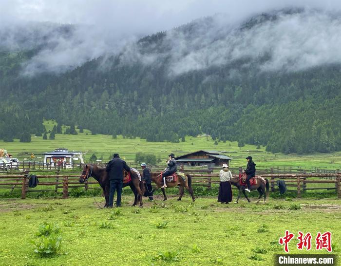 6月10日，游客在魯朗小鎮(zhèn)高山牧場景區(qū)體驗騎馬。　冉文娟 攝