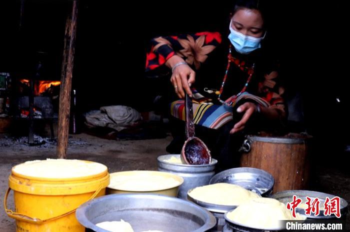 圖為牧民正在制作酥油?！∪湛t文聯(lián)供圖