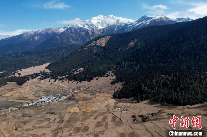 2月17日，西藏林芝魯朗小鎮(zhèn)周邊雪山與牧場。(無人機照片) 李林 攝