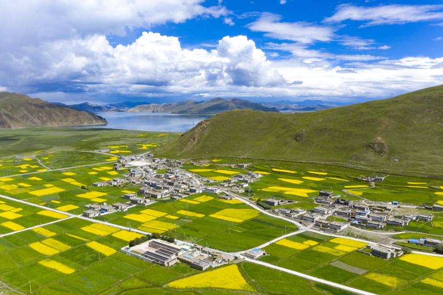 航拍道布龍村，依山傍水，阡陌縱橫。